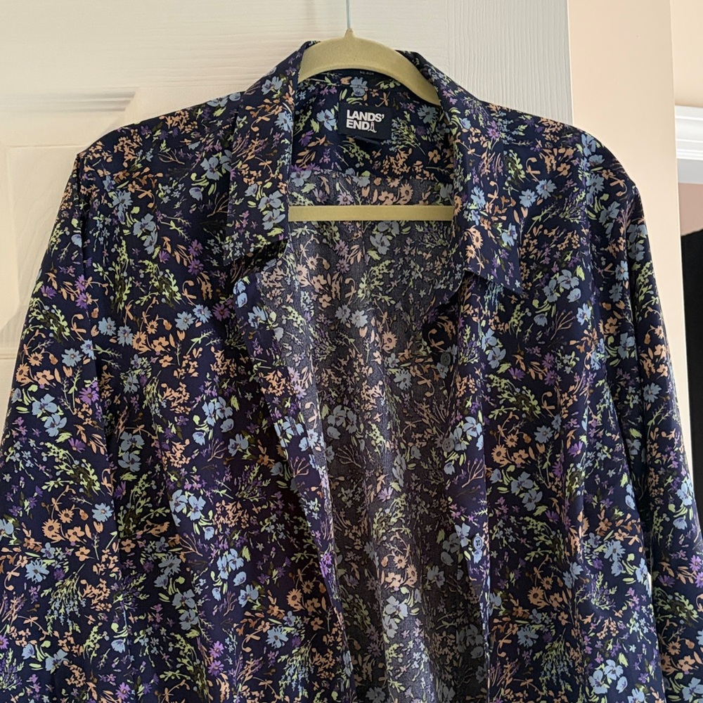 Lands' End Navy Floral Button-Front Shirt